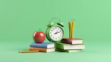 popular Arte ilustración de colegio accesorios con manzanas, libros, y un alarma reloj en el colegio antecedentes. espalda a colegio concepto. 3d representación, ai generativo foto