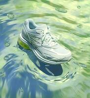 Fresh fly running shoes in water and wind in the style of natural patterns light white and light indigo ethereal illustration light blue and light green delicate still life. AI Generative photo