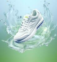 Fresh fly running shoes in water and wind in the style of natural patterns light white and light indigo ethereal illustration light blue and light green delicate still life. AI Generative photo