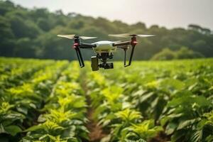 Drone monitoring crops and smart agriculture in a digital farming.  AI Generative photo