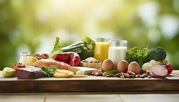 Closeup of vegetables, fruits, and meat on wooden table over green natural background. Generative AI photo