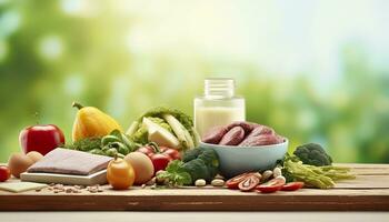 Closeup of vegetables, fruits, and meat on wooden table over green natural background. Generative AI photo