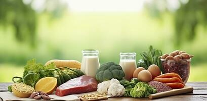 Closeup of vegetables, fruits, and meat on wooden table over green natural background. Generative AI photo