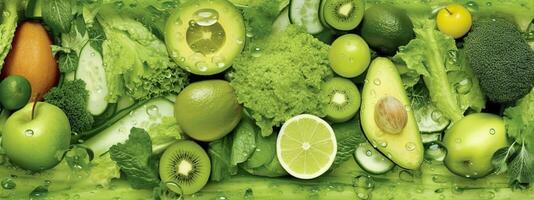 Banner layout of green fruits and vegetables. Generative AI. photo