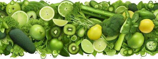 Banner layout of green fruits and vegetables. Generative AI. photo