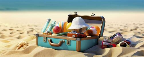 Beach Preparation, Accessories In Suitcase On Sand. Generative AI photo
