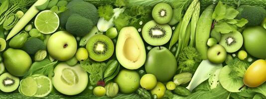 Banner layout of green fruits and vegetables. Generative AI. photo