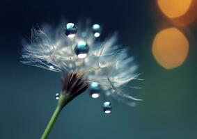 Beautiful dew drops on a dandelion seed macro. Beautiful blue background. Generative AI photo