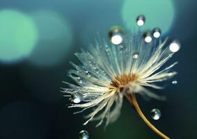 Beautiful dew drops on a dandelion seed macro. Beautiful blue background. Generative AI photo