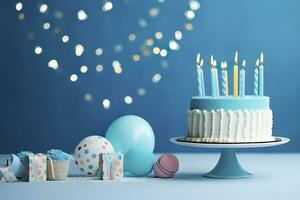 Birthday cake with candles and sweets on white table near blue wall. Generative AI photo