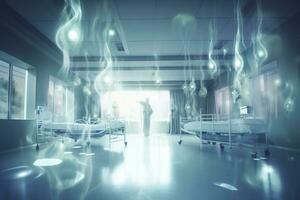 Blurred Hospital Emergency Room, Abstract Medical Background. AI Generative photo