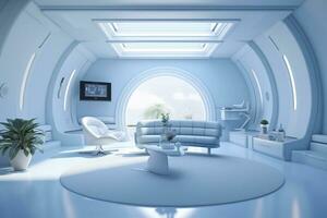A professional and eye catching light blue with white living room in the metaverse.  AI Generative photo