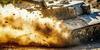 A Close Up Look at the Power and Destruction of a World War II Tank Firing Shell. AI Generative photo