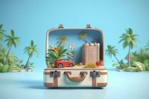 Creative Summer Beach Composition in Suitcase on Blue Background, A Travel Concept Idea in 3D Rendering. AI Generative photo