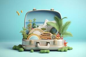 Creative Summer Beach Composition in Suitcase on Blue Background, A Travel Concept Idea in 3D Rendering. AI Generative photo