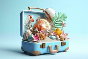 Creative Summer Beach Composition in Suitcase on Blue Background, A Travel Concept Idea in 3D Rendering. AI Generative photo