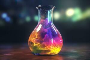 Close Up of a Science Beaker Filled with Multi Colored Liquids. AI Generative photo