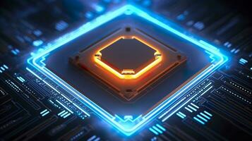 Top View of a Chip with Glowing Light and Fog in Orange and Blue. AI Generative photo