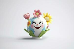 3D Cute Earth with Flower on White Background. Planet Earth Day or Environment Day Concept. AI Generative photo