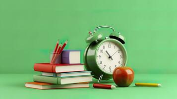 popular Arte ilustración de colegio accesorios con manzanas, libros, y un alarma reloj en el colegio antecedentes. espalda a colegio concepto. 3d representación, ai generativo foto