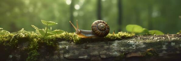 un viaje mediante el bosque. de cerca de un caracol en el bosque con natural antecedentes. ai generativo foto