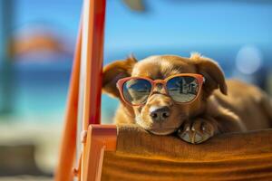 Dog Puppy wearing sunglasses, lying on a sunbed to sunbath at the beach sea on summer vacation, holidays. Funny concept. AI Generative photo