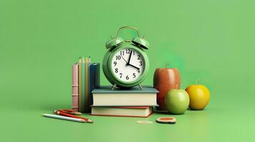 popular Arte ilustración de colegio accesorios con manzanas, libros, y un alarma reloj en el colegio antecedentes. espalda a colegio concepto. 3d representación, ai generativo foto