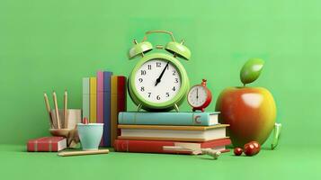 popular Arte ilustración de colegio accesorios con manzanas, libros, y un alarma reloj en el colegio antecedentes. espalda a colegio concepto. 3d representación, ai generativo foto