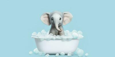 Minimalist Albino Elephant in a Bathtub of Soap Bubbles Against a Cyan Background. AI Generative photo