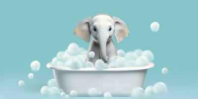 Minimalist Albino Elephant in a Bathtub of Soap Bubbles Against a Cyan Background. AI Generative photo