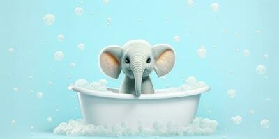 Minimalist Albino Elephant in a Bathtub of Soap Bubbles Against a Cyan Background. AI Generative photo