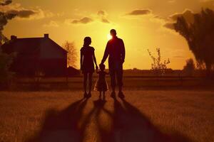 Shadow of Happy family together, parents with their little baby at sunset. A Silhouette of Love and Unity. AI Generative photo