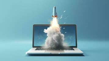 A small rocket takes off from a Laptop with vibrant color combinations in light sky blue and light gray colors for a website, business, and financial success concepts.  AI Generative photo