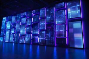 blue and purple lighted panels on a wall. generative AI photo