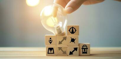 Creative idea, solution and innovation concept. Idea generation for business development. Wooden cube blocks with light bulb and cycle icons on clean background and copy space. AI Generative photo