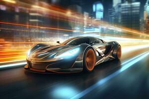 Fast Shutter Speed Creates Dynamic and Action Packed Image of Futuristic Car. AI Generative photo