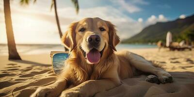 Golden Retriever dog is on summer vacation at seaside resort and relaxing rest on summer beach of Hawaii. AI Generative photo