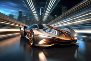 Fast Shutter Speed Creates Dynamic and Action Packed Image of Futuristic Car. AI Generative photo