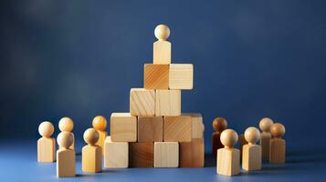 Many wooden cubes with people symbols and one with a lightbulb symbol on blue background. AI Generative photo
