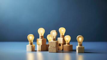 Many wooden cubes with people symbols and one with a lightbulb symbol on blue background. AI Generative photo