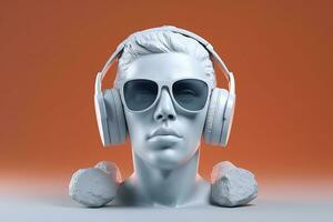 mínimo escena de Gafas de sol y auriculares en humano cabeza escultura, música concepto, 3d representación. ai generativo foto