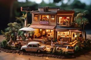 A charming and cozy coffee shop Set beside a busy highway with Warm and golden sunset light, and a Picturesque sunset view with vibrant colors. AI Generative photo