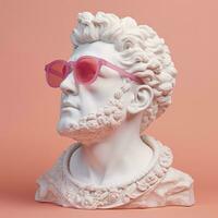 The head of a white mythological statue with fashionable pink glasses on his eyes, frame in profile. AI Generative photo