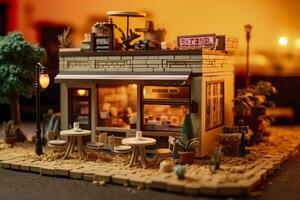 A charming and cozy coffee shop Set beside a busy highway with Warm and golden sunset light, and a Picturesque sunset view with vibrant colors. AI Generative photo