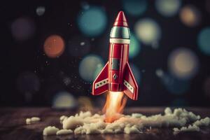 Toy rocket takes off business and finances success concept. AI Generative photo