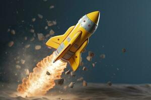 Toy rocket takes off business and finances success concept. AI Generative photo