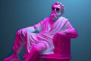 A white statue of Plato in a cool pose, wearing magenta and cyan 3D glasses, ready to party. AI Generative photo