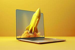 Launching a new product or service. Technology development process. Space rocket launch. 3d render. Yellow rocket lift up from the display laptop. AI Generative photo