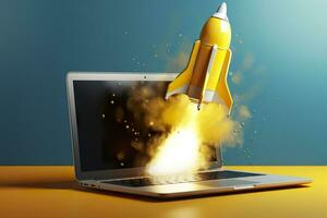 Launching a new product or service. Technology development process. Space rocket launch. 3d render. Yellow rocket lift up from the display laptop. AI Generative photo