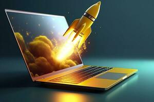 Launching a new product or service. Technology development process. Space rocket launch. 3d render. Yellow rocket lift up from the display laptop. AI Generative photo